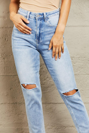 Carefree High Waist Cropped Distressed Jeans - MXSTUDIO.COM