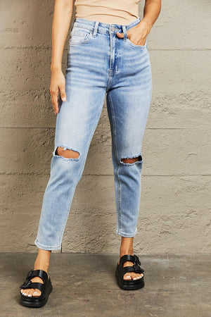 Carefree High Waist Cropped Distressed Jeans - MXSTUDIO.COM