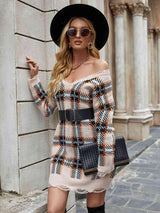 Carefree Plaid Distressed Sweater Dress - MXSTUDIO.COM