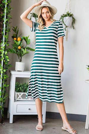 Carefree Short Sleeve Slit Striped Midi Dress - MXSTUDIO.COM