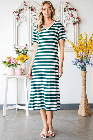 Carefree Short Sleeve Slit Striped Midi Dress - MXSTUDIO.COM