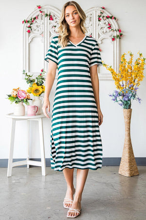 Carefree Short Sleeve Slit Striped Midi Dress - MXSTUDIO.COM