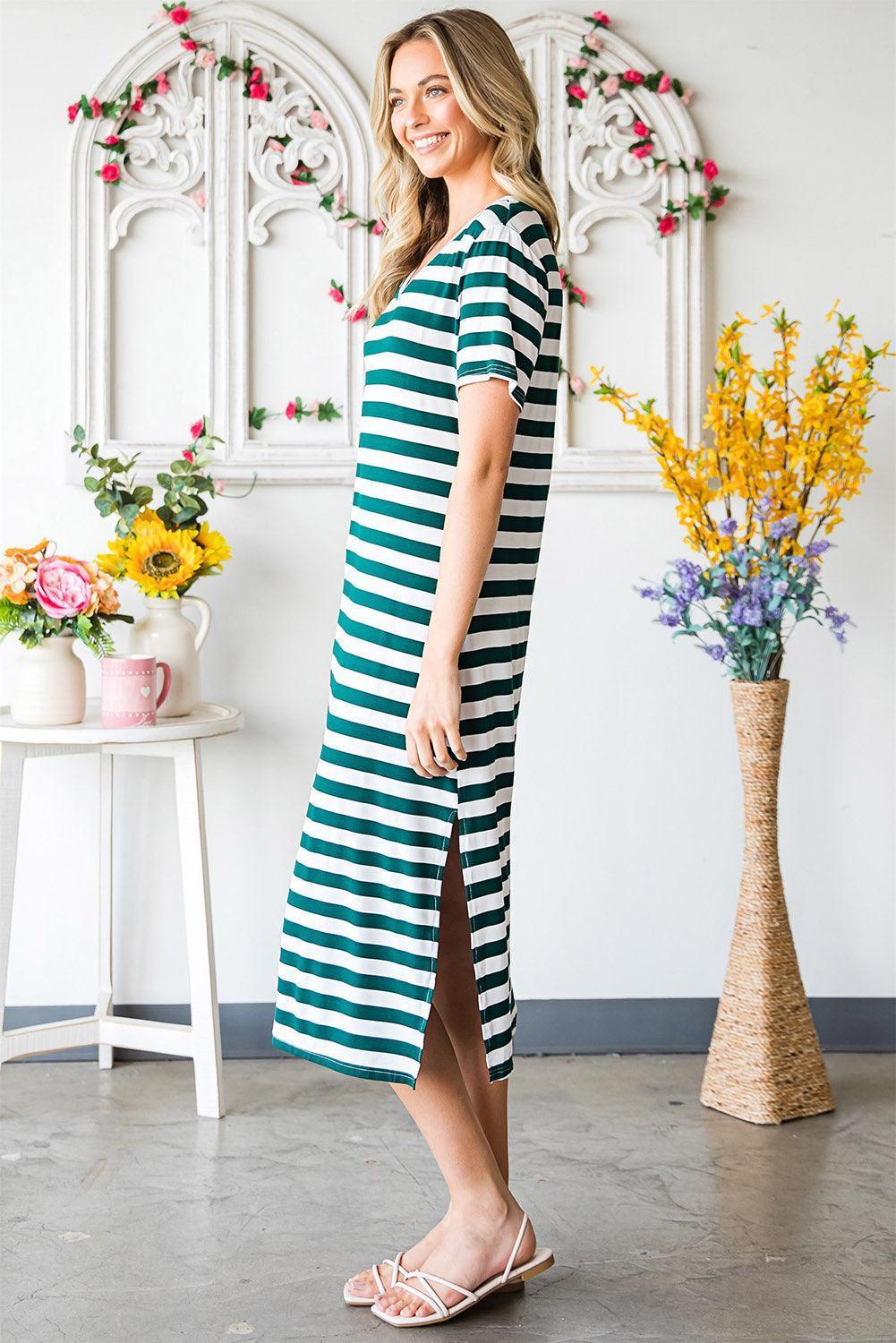 Carefree Short Sleeve Slit Striped Midi Dress - MXSTUDIO.COM