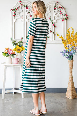 Carefree Short Sleeve Slit Striped Midi Dress - MXSTUDIO.COM