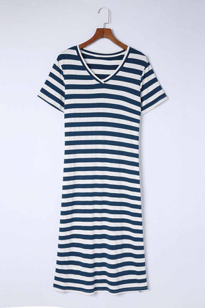 Carefree Short Sleeve Slit Striped Midi Dress - MXSTUDIO.COM