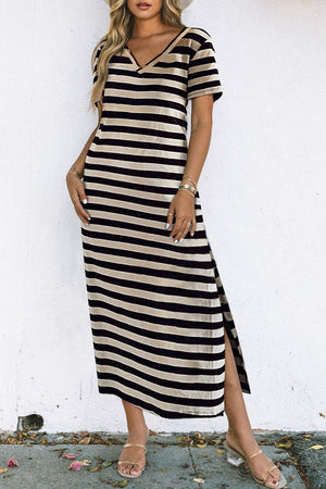 Carefree Short Sleeve Slit Striped Midi Dress - MXSTUDIO.COM