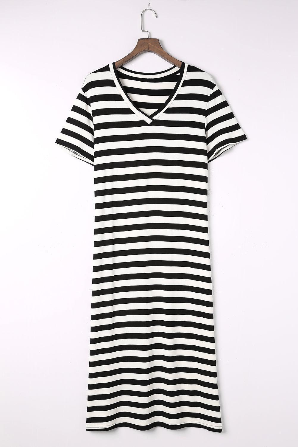 Carefree Short Sleeve Slit Striped Midi Dress - MXSTUDIO.COM