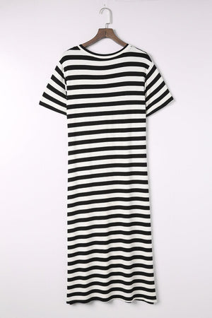 Carefree Short Sleeve Slit Striped Midi Dress - MXSTUDIO.COM