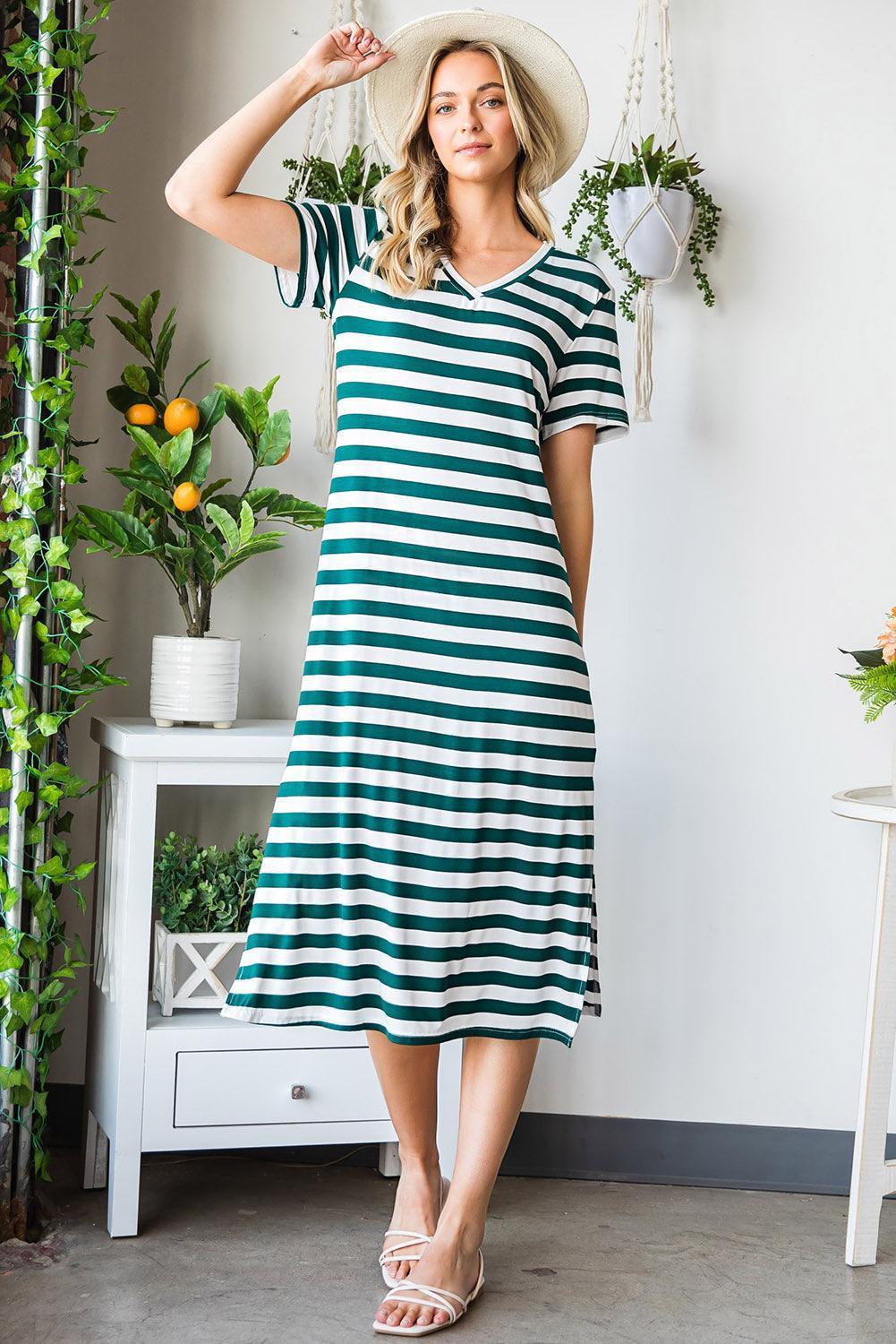 Carefree Short Sleeve Slit Striped Midi Dress - MXSTUDIO.COM