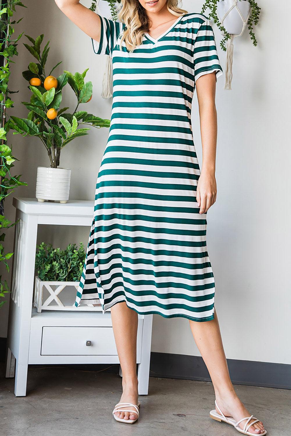 Carefree Short Sleeve Slit Striped Midi Dress - MXSTUDIO.COM