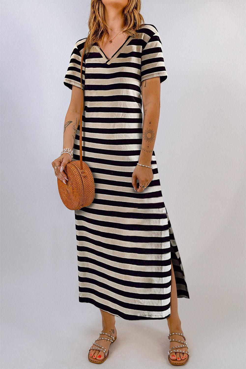 Carefree Short Sleeve Slit Striped Midi Dress - MXSTUDIO.COM