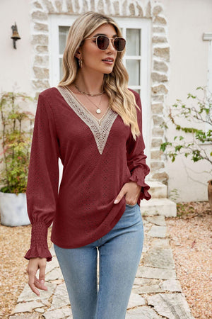 Carefree Spirit Eyelet Long Sleeve V Neck Blouse - MXSTUDIO.COM