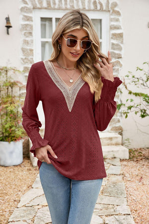 Carefree Spirit Eyelet Long Sleeve V Neck Blouse - MXSTUDIO.COM