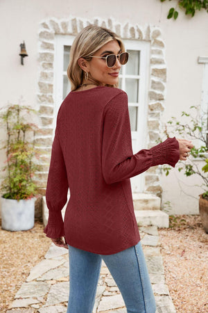 Carefree Spirit Eyelet Long Sleeve V Neck Blouse - MXSTUDIO.COM