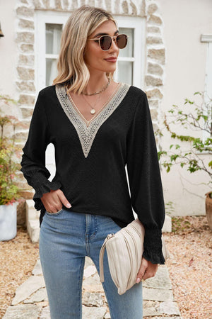 Carefree Spirit Eyelet Long Sleeve V Neck Blouse - MXSTUDIO.COM