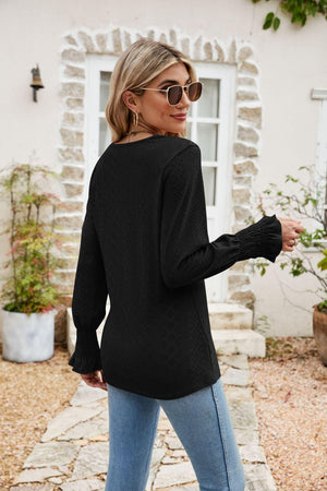 Carefree Spirit Eyelet Long Sleeve V Neck Blouse - MXSTUDIO.COM