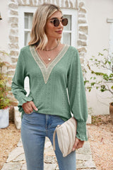 Carefree Spirit Eyelet Long Sleeve V Neck Blouse - MXSTUDIO.COM