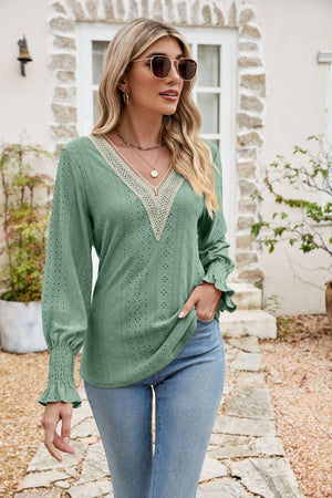 Carefree Spirit Eyelet Long Sleeve V Neck Blouse - MXSTUDIO.COM