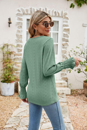 Carefree Spirit Eyelet Long Sleeve V Neck Blouse - MXSTUDIO.COM