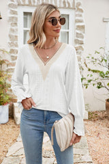 Carefree Spirit Eyelet Long Sleeve V Neck Blouse - MXSTUDIO.COM