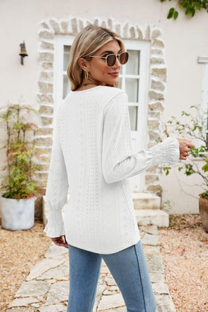 Carefree Spirit Eyelet Long Sleeve V Neck Blouse - MXSTUDIO.COM