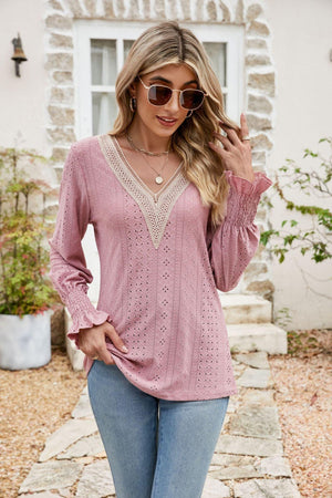 Carefree Spirit Eyelet Long Sleeve V Neck Blouse - MXSTUDIO.COM