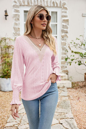 Carefree Spirit Eyelet Long Sleeve V Neck Blouse - MXSTUDIO.COM