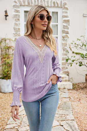 Carefree Spirit Eyelet Long Sleeve V Neck Blouse - MXSTUDIO.COM