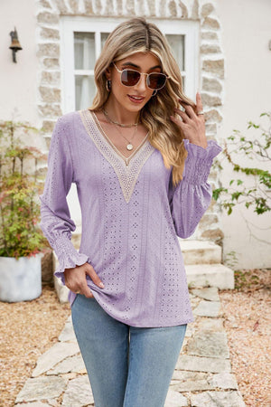 Carefree Spirit Eyelet Long Sleeve V Neck Blouse - MXSTUDIO.COM