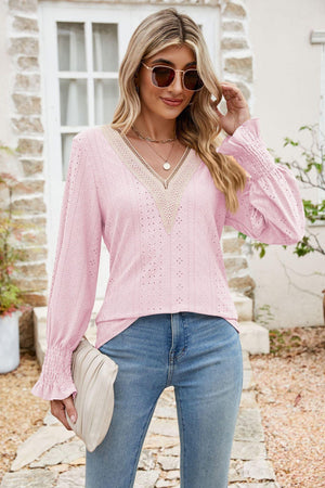 Carefree Spirit Eyelet Long Sleeve V Neck Blouse - MXSTUDIO.COM