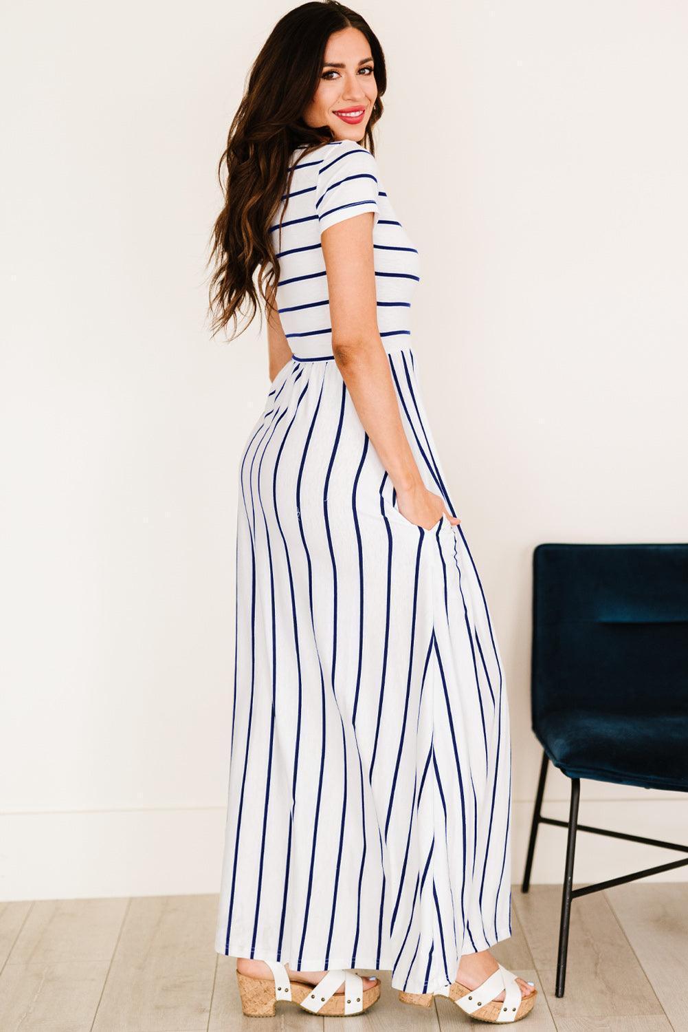 Carefree Striped Short Sleeve Maxi Dress - MXSTUDIO.COM