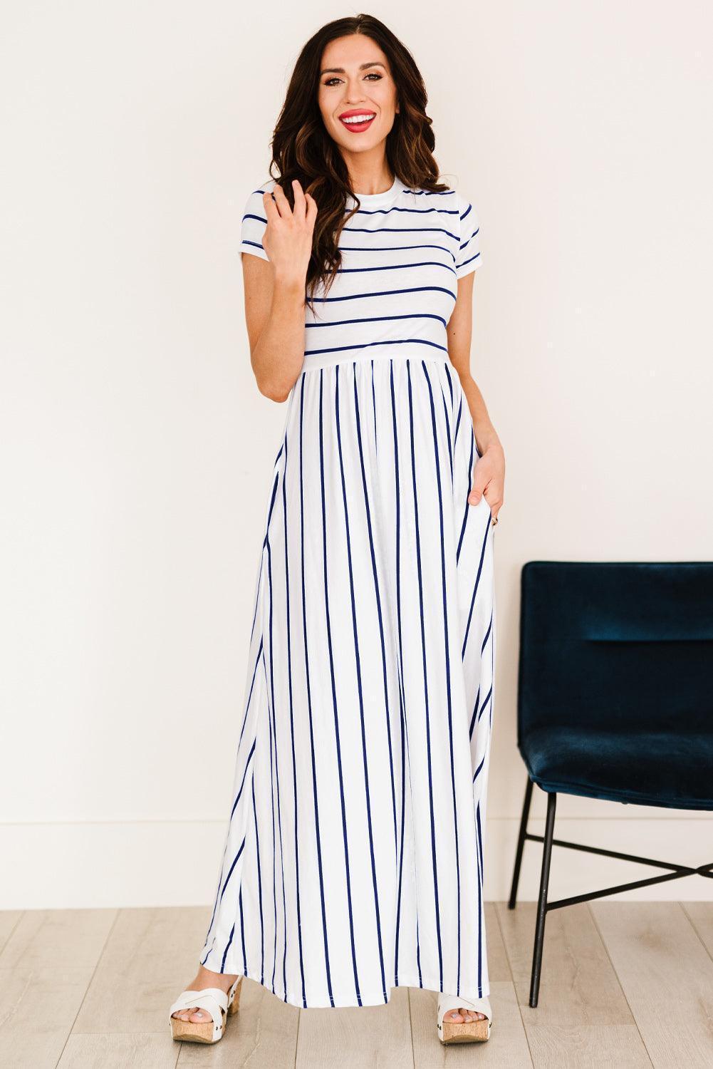 Carefree Striped Short Sleeve Maxi Dress - MXSTUDIO.COM