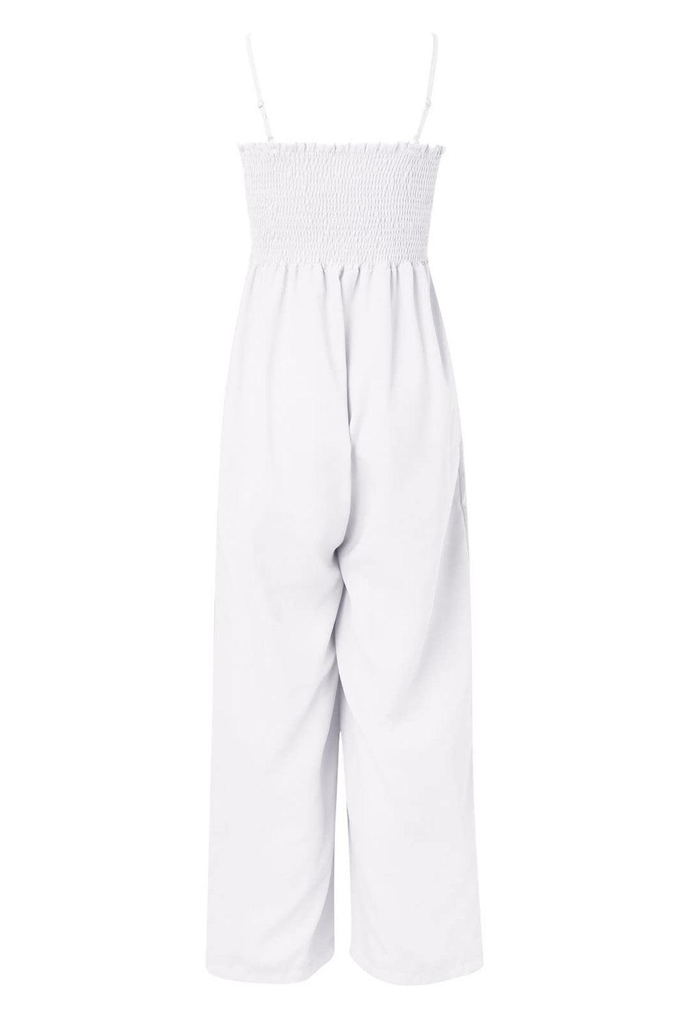 a women's white jumpsuit with spaghetti straps