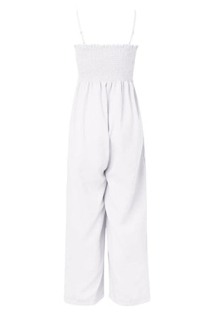 a women's white jumpsuit with spaghetti straps