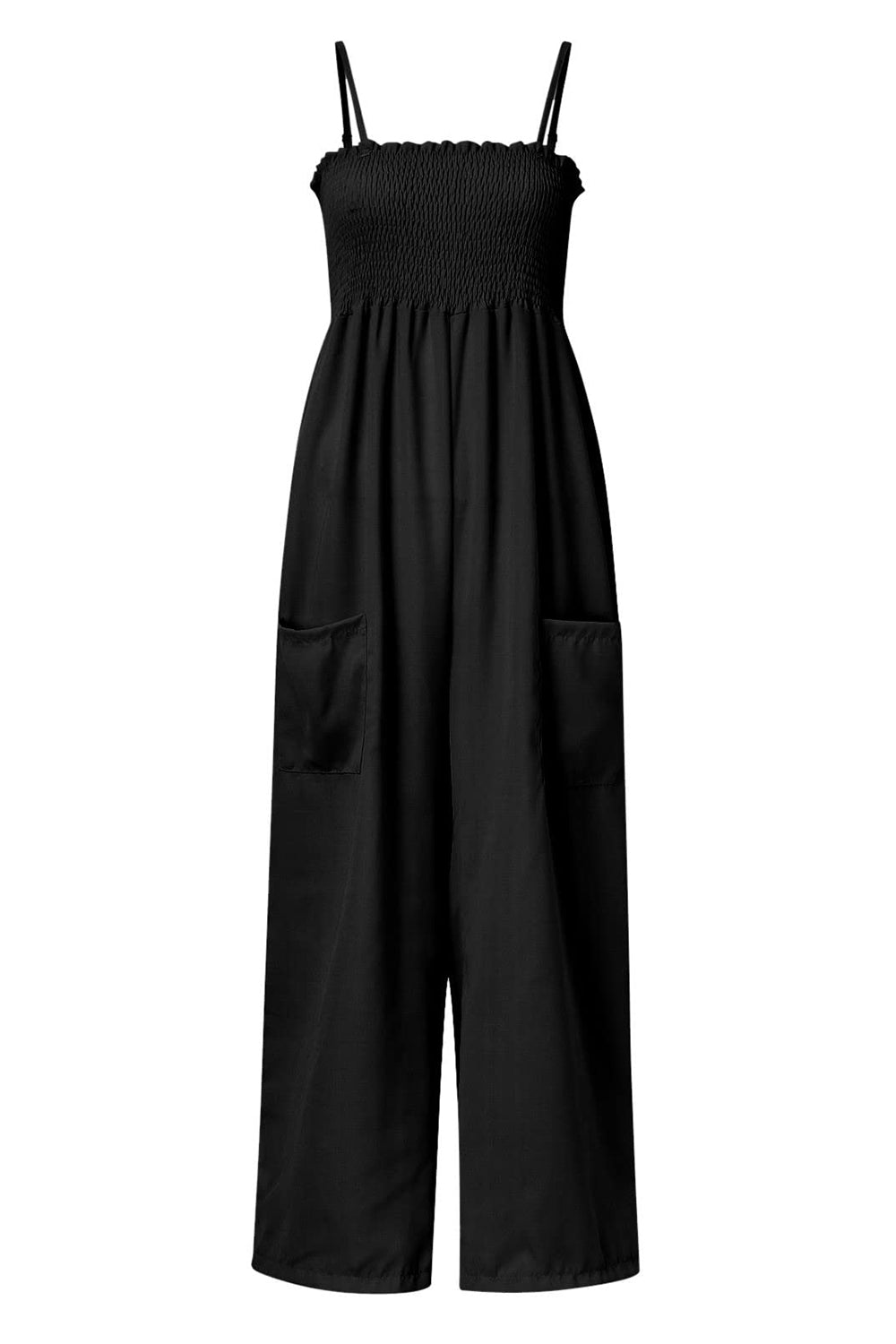 a black jumpsuit with straps and pockets