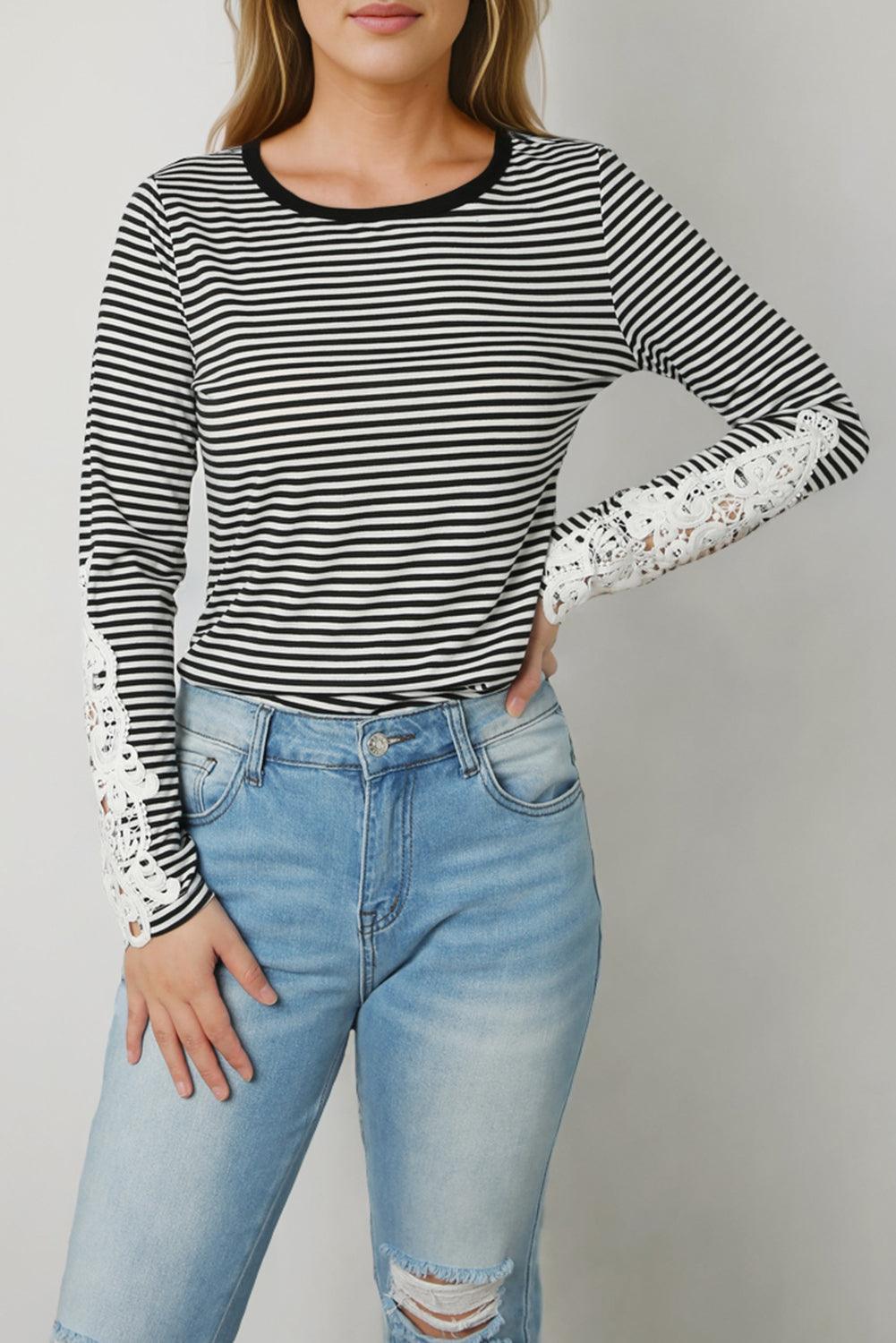 Casual Comfort Lace Trim Long Sleeve Striped T Shirt - MXSTUDIO.COM