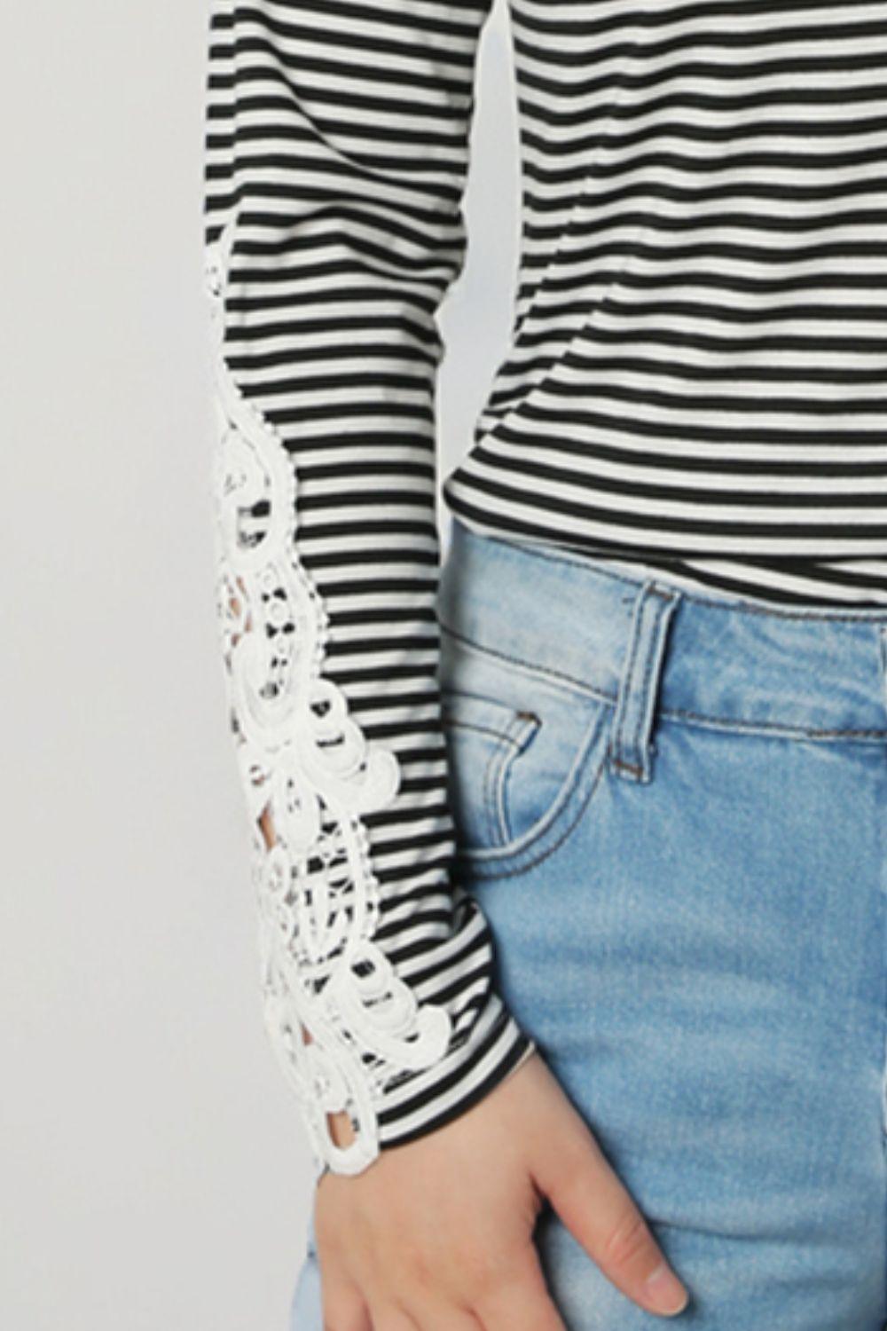 Casual Comfort Lace Trim Long Sleeve Striped T Shirt - MXSTUDIO.COM