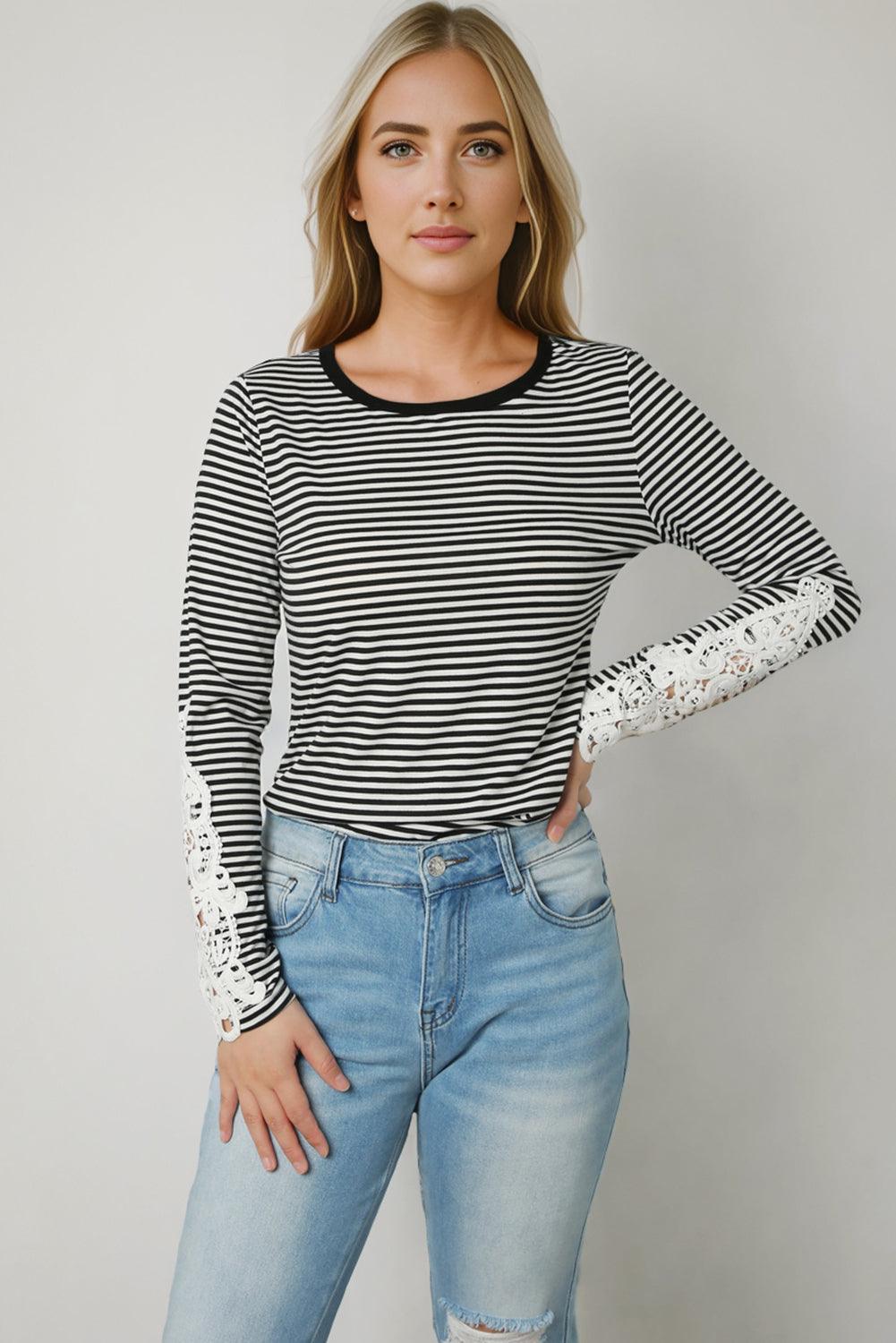 Casual Comfort Lace Trim Long Sleeve Striped T Shirt - MXSTUDIO.COM