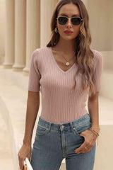 Casual Comfort V-Neck Short Sleeve Knit Top-MXSTUDIO.COM