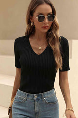 Casual Comfort V-Neck Short Sleeve Knit Top-MXSTUDIO.COM