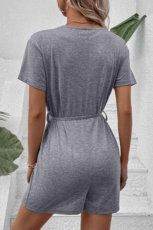 Casual Comfort V-Neck Short Sleeve Tie Waist Romper - MXSTUDIO.COM