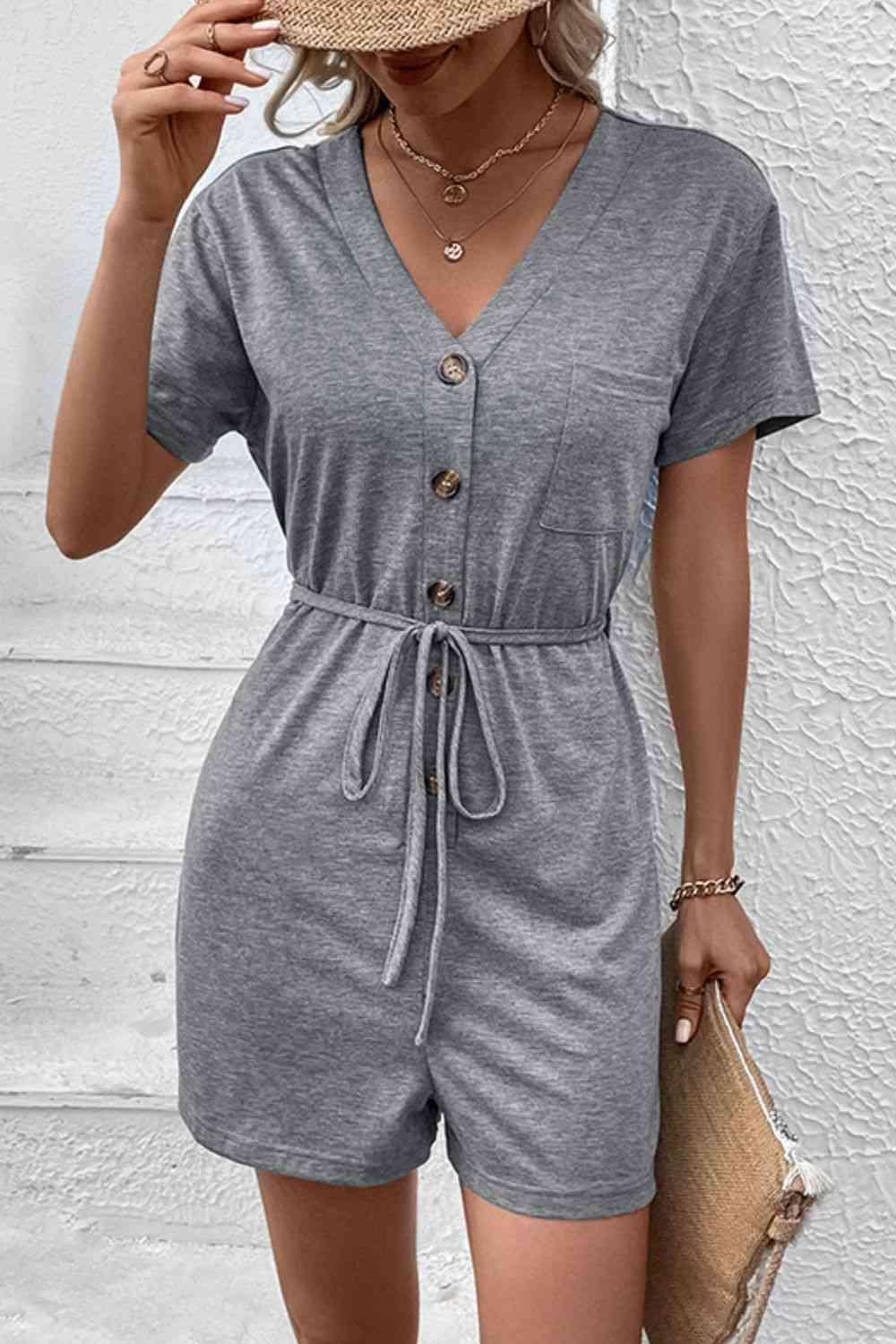 Casual Comfort V-Neck Short Sleeve Tie Waist Romper - MXSTUDIO.COM