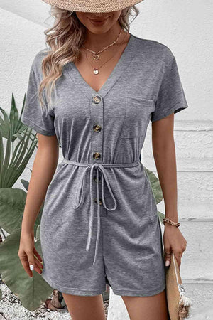 Casual Comfort V-Neck Short Sleeve Tie Waist Romper - MXSTUDIO.COM