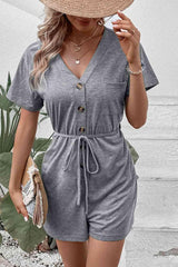 Casual Comfort V-Neck Short Sleeve Tie Waist Romper - MXSTUDIO.COM