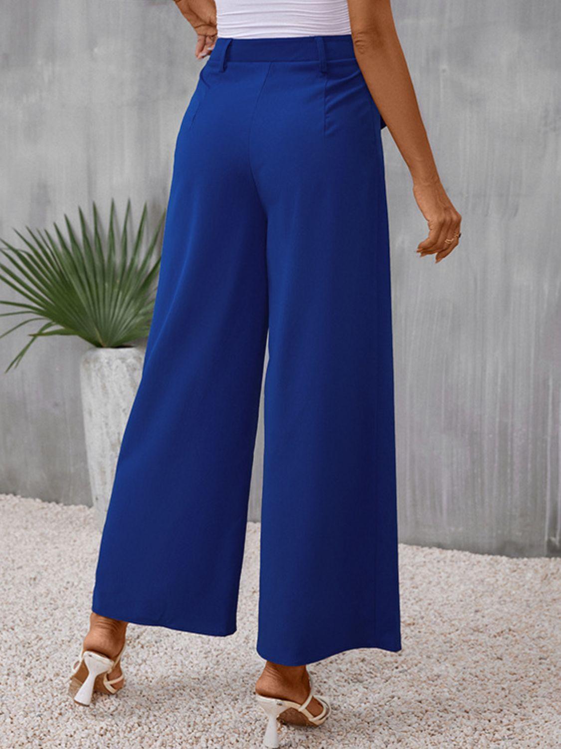 Casual Elegance Flap Pockets Blue Wide Leg Pants - MXSTUDIO.COM