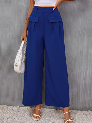 Casual Elegance Flap Pockets Blue Wide Leg Pants - MXSTUDIO.COM