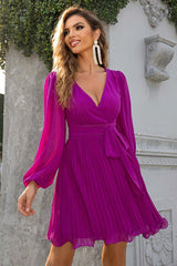 a woman in a purple dress posing for a picture