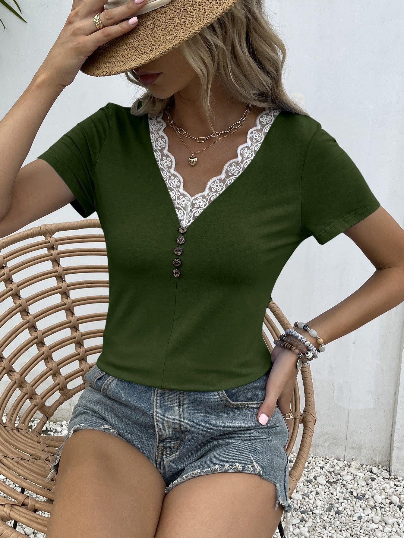 Casual Grace Lace Trim Short Sleeve V Neck Blouse - MXSTUDIO.COM