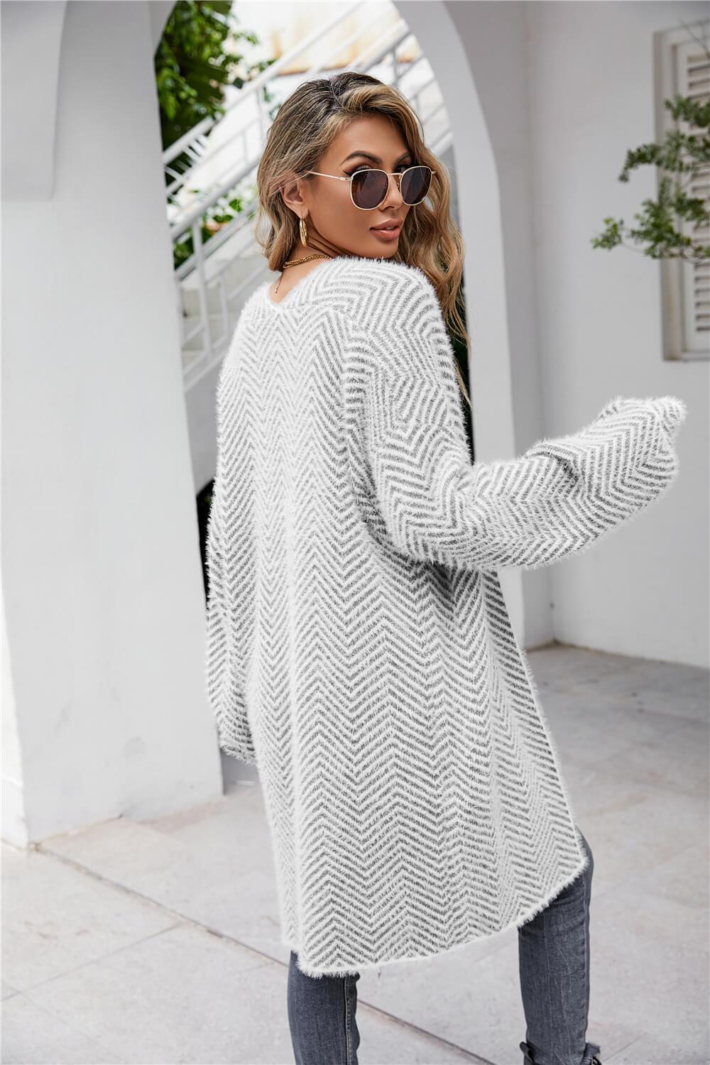 Casual Herringbone Pattern Fuzzy Longline Cardigan - MXSTUDIO.COM