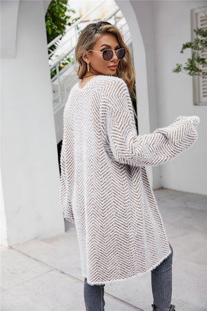 Casual Herringbone Pattern Fuzzy Longline Cardigan - MXSTUDIO.COM